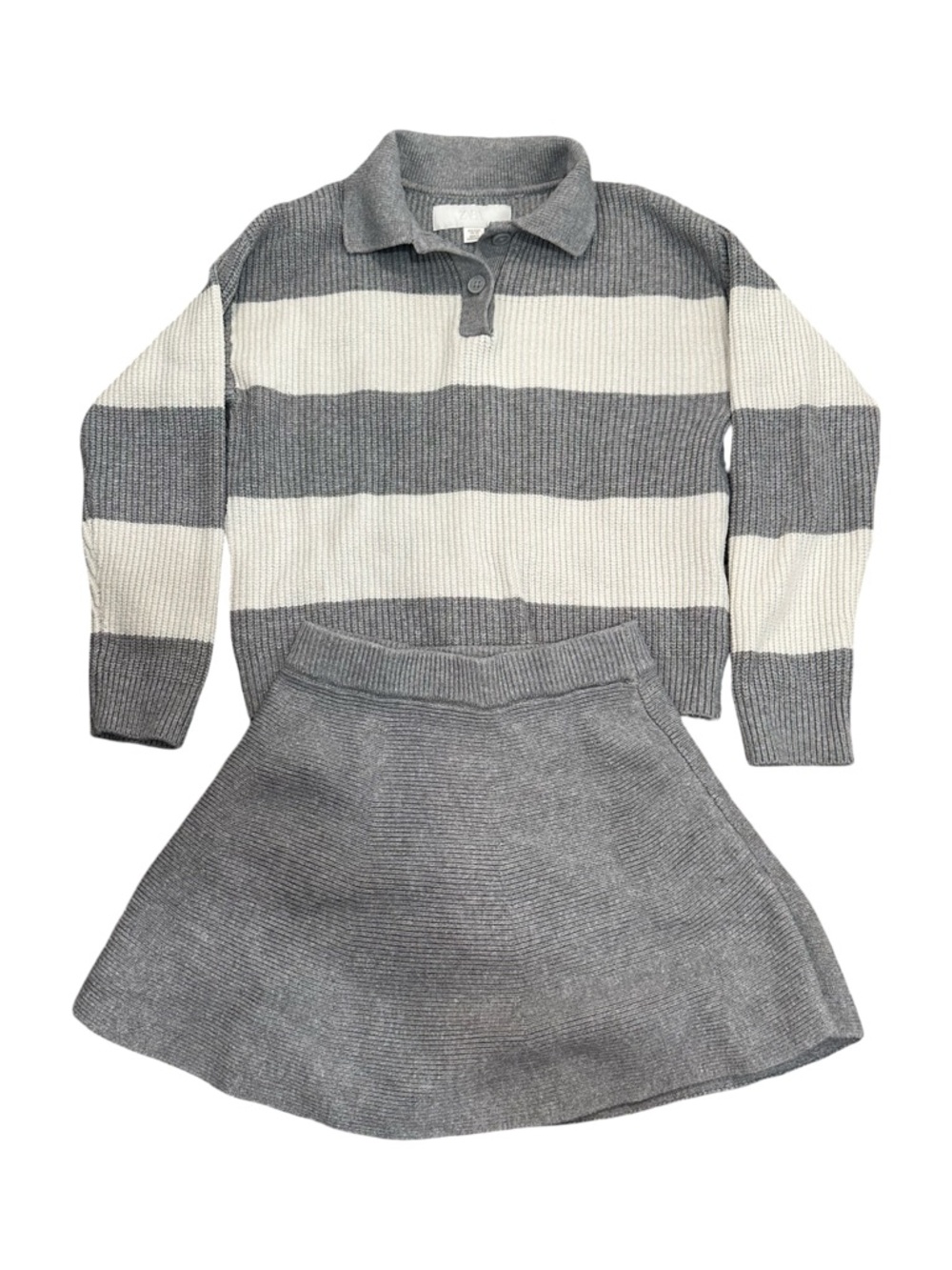 EUC Zara Girls Size 8/9 Striped Knit Polo Sweater and Skirt Set - Gray & Cream
